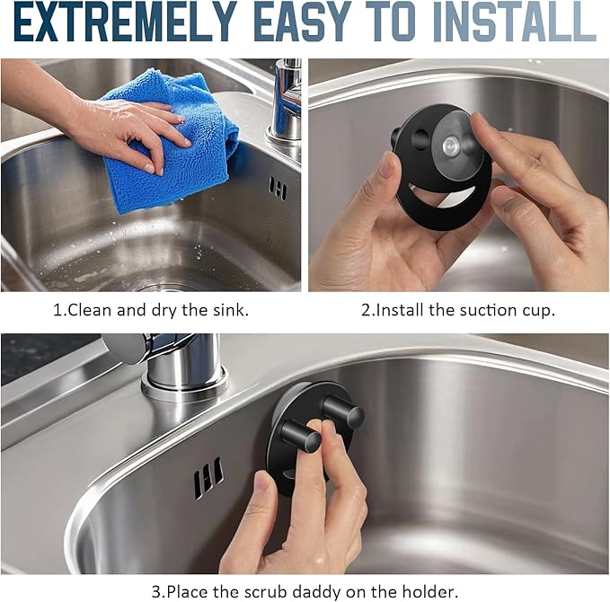 Stainless Steel Smiley Face Sponge Holder, Silver Sink Caddy Organizer Storage with Suction Cup for Kitchen, Kitchen Accessories Decor Scrubber-Black