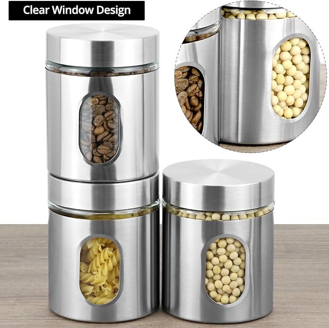 QWORK 6 Pack 20 oz Stainless Steel Glass Kitchen Canisters Set, Airtight Food Storage Containers with Window, for Flour Cookies Spices Grains