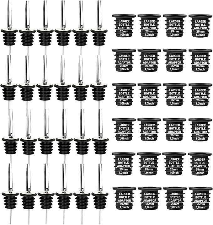 24-Pack Liquor Bottle Pourers with Adapters, Liquor Pour Spout Adapters set for for Large Olive Oil Bottles and Liquor Bottles - Up to 1 Inch/25mm Neck Converts Spout into a Large Pour Spout Silver