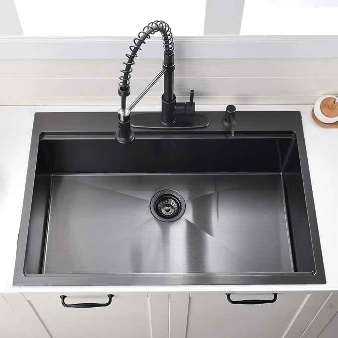 30 Inch Black Drop in Kitchen Sink Workstation -VOKIM 30 x 22 - Inch Drop in sink 16 Gage Stainless Steel TopMount sink Single Bowl 10'' Deep Kitchen Sink with Cutting Board