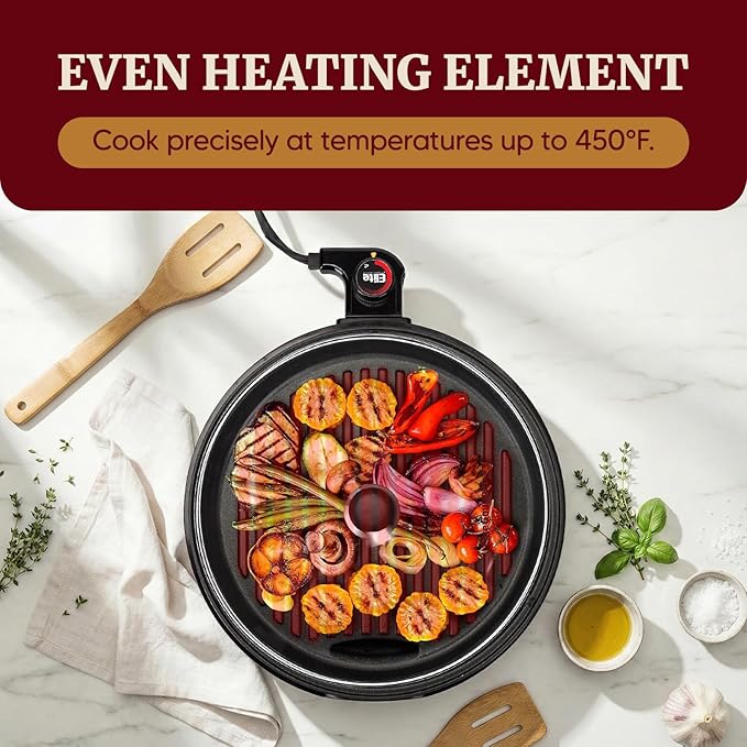 Elite Gourmet EMG6505G 12" Smokeless Indoor Electric BBQ Grill with Glass Lid Dishwasher Safe, Nonstick, Adjustable Temperature, Fast Heat Up, Low-Fat Meals Easy to Clean Design