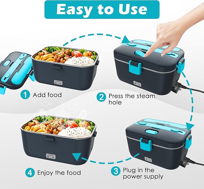COZYEXPERT Electric-Lunch-Box-Heated-Food-Warmer 100W Heating Lunchbox for Adults 1.8L Portable Food Heater for Work/Car, 12V/24V/110-230V Lonchera Eléctrica Portátil with Fork Spoon (Gray+Blue)