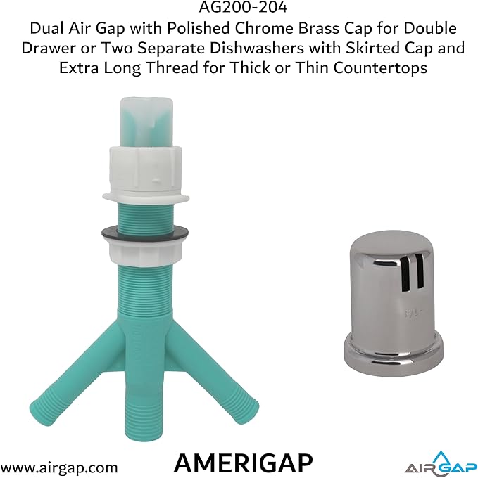 Dual Air Gap with Polished Chrome Brass Cap for Double Drawer or Two Separate Dishwashers with Skirted Cap and Extra Long Thread for Thick or Thin Countertops (AG200-204, AG200-X04, AMERIGAP)