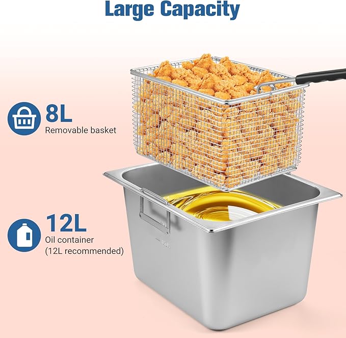 12L Commercial Deep Fryer,1800W Deep Fryer with Basket,Adjustable Temperature,Lid,Stainless Steel Body DeepFryer Pot,Electric Coumtertop Fryer for Commercial Restaurant Home Use
