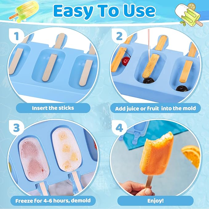 SAYAYA 2 Set Silicone Popsicle Molds with 100 Sticks, Reusable 4 Cavities Homemade Cake Pop & Cakesicle Mold for DIY Ice Cream, Ice Pop, Easy Release & Dishwasher Safe for Kids Family (Blue & Green)