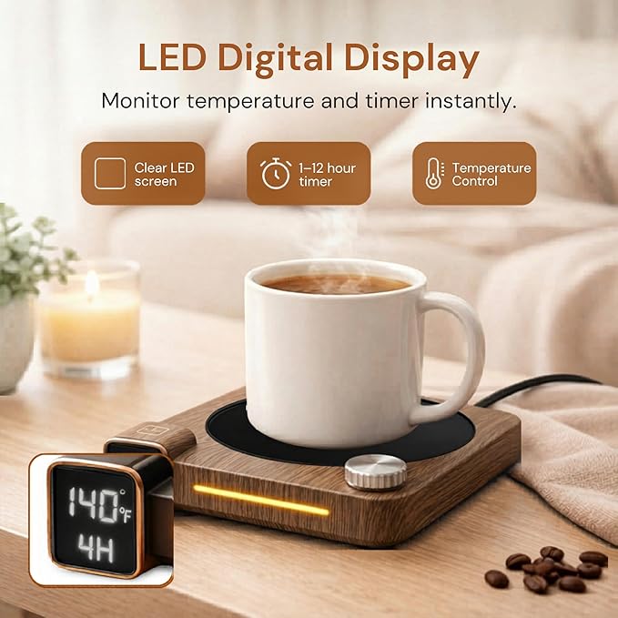 Coffee Mug Warmer for Desk, 40W Electric Cup Warmer with Digital Display, 9 Temp Settings, 1–12H Timer & Auto On/Off, LED Display Candle & Beverage Warmer Plate.