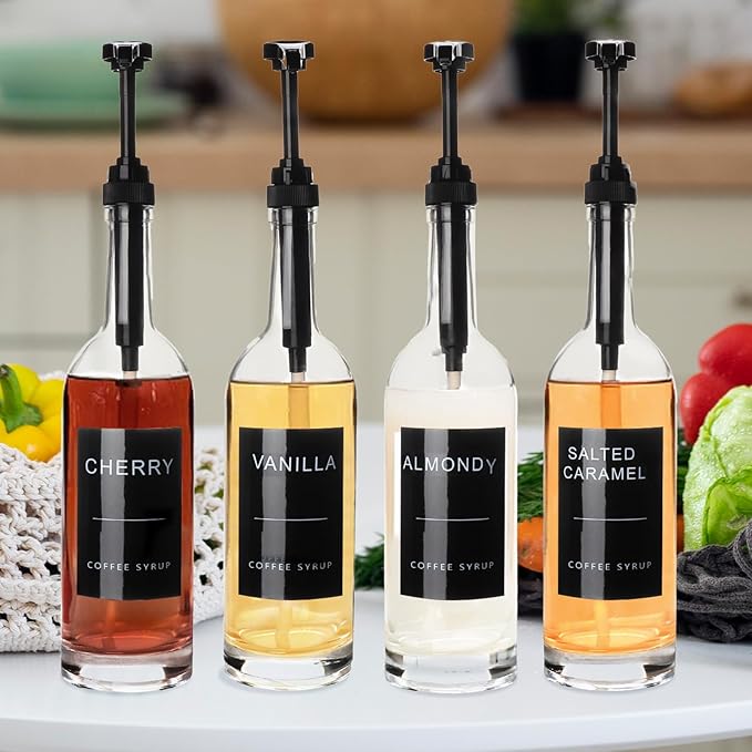 25.4 oz 750 ml Glass Coffee Syrup Dispenser for Coffee Bar With Pump & Lables Glass Syrup Bottle Included -4 Pack