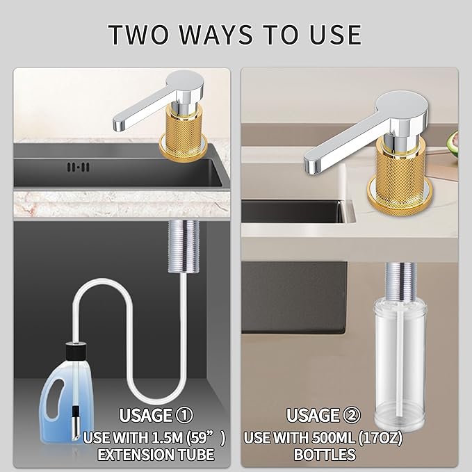 SD-80 All Brass Sink Soap Dispenser for Kitchen Sink Copper Pump Built in Dish Soap Dispenser with 17.6 oz(520ml) Bottle and 59"(1.5m) Extension Tube Kit (Chrome)