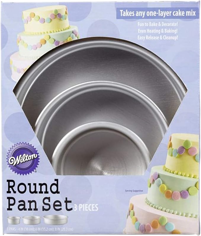 Wilton Aluminum Round Cake Pan Set, 3-Piece for Tiered Cakes, Durable, Even Heating, Rust-Resistant, Professional Bakeware, 4, 6, 8 in., Package May Vary