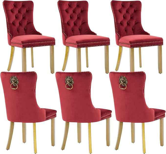 Velvet Dining Chairs Set of 6, Modern Tufted Dining Room Chair, Upholstered Dining Chairs with Lion Head Pulls Ring and Golden Solid Wood Legs, Luxury Kitchen Chairs for Dining Room, Burgundy