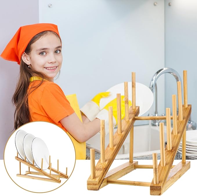 Suclain 10 Pcs Wooden Bamboo Dish Drying Rack Kitchen Cabinet Organizer for Cabinet Cutting Board Display Stand for Dish Plate Bowl Water Bottles Cup Pot Lid Cutting Board