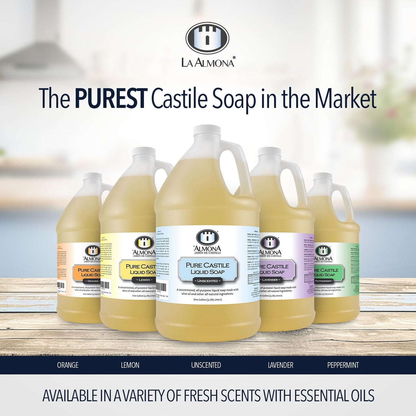 Pure Castile Liquid Soap, LEMON, 1 Gallon - Multipurpose: Hands, Face, Body, Laundry, Dishes & More - For Sensitive Skin, All-Natural Ingredients, Scented with Essential Oils