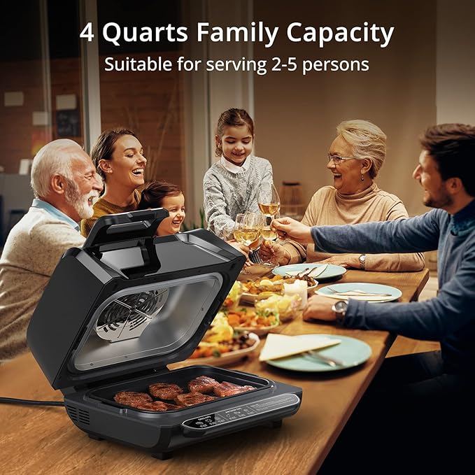 Indoor Grill Air Fryer Combo - 7-in-1 Smokeless Electric Air Grill with See-Through Window, Non-Stick Removable Plates, Even Heat, and Silicon Tongs - 4Qt, 1750W, Up to 450°F
