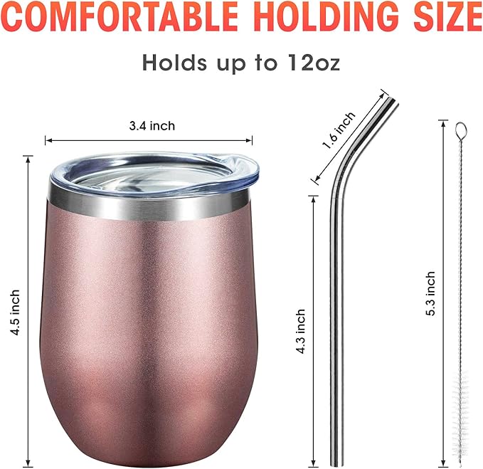 COMOOO Rose Gold Stainless Steel Wine Tumbler Bulk with Lid and Straw 12oz Double Wall Vacuum Insulated Tumbler Cup Stemless for Hot and Cold Drinks, Coffee, Wine, Cocktails Rose gold, 8 Pack