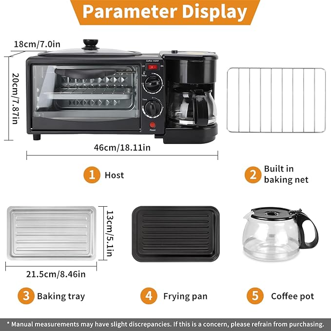 3-in-1 Breakfast Machine with Coffee Maker, Toaster, Non-Stick Griddle, Multi-Function Breakfast Machine with Timer, Kitchen Appliance Ideal for Apartments and Small Kitchens