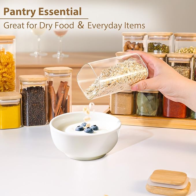 TBWIND 20 Pack 10 oz Square Glass Spice Jars with Lids and Labels – Airtight Small Spice Containers Set, Clear Glass Storage Jars for Seasoning, Spices, Kitchen Pantry Organization