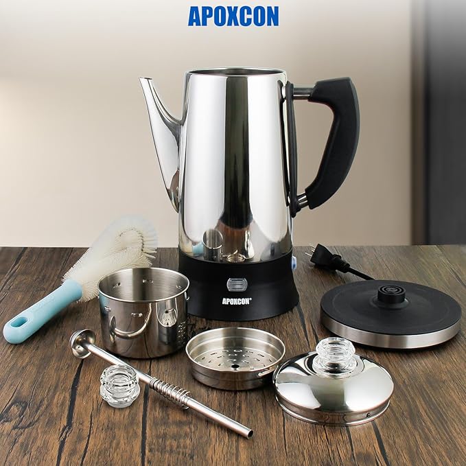APOXCON Electric Coffee Percolator Stainless Steel Coffee Maker with Clear Brew Progress Tough Glass Knob and On/OFF Switch Classic Coffee Pot with Keep Warm & Cordless Serve No Aluminum (12 Cup)