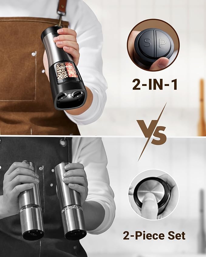 USB Rechargeable 2 in 1 Electric Salt and Pepper Grinder Set Shaker & 5 in 1 Blender and Food Processor Combo for Kitchen