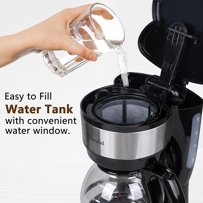 5-Cup Programmable Drip Coffee Maker with Digital Timer, Glass Carafe,24-Hour Auto Brew,2-Hour Auto Shut-Off, Pause & Pour, Removable Filter Basket,Compact Coffee Machine for Home & Office