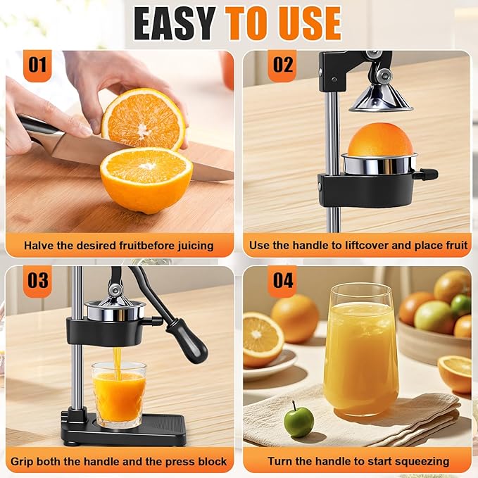 Manual Cast Iron Citrus Juicer,Commercial Hand Press,Heavy Duty Countertop Squeezer for Fresh Orange Lemon Juice,Stable When Pressed,Easy to Use & Clean (black)