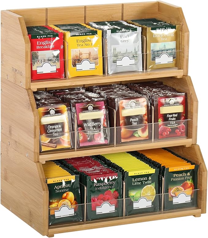 TIOPGHAD 3 Layer Stackable Bamboo Tea Bag Organizer Storage Holder for Tea Bags Wood Tea Box Containers Tea Rack Teabag Station Stand for Cabinet Countertop Office(Patented Design)