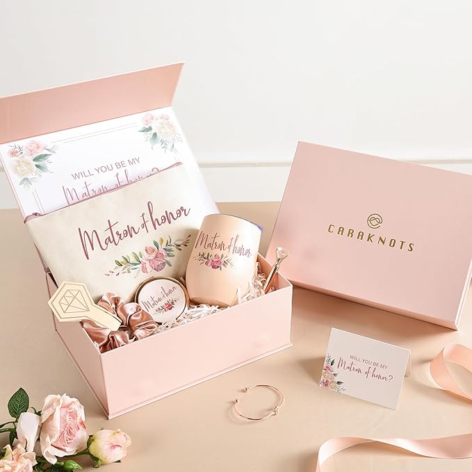 CARAKNOTS Matron of Honor Proposal Gift Box Set, Will You Be My Matron of Honor Gift, Pink Ready to Gift Bridesmaid Box with 12 oz Stainless Steel Tumbler, Bridal Party Bachelorette Wedding Favor