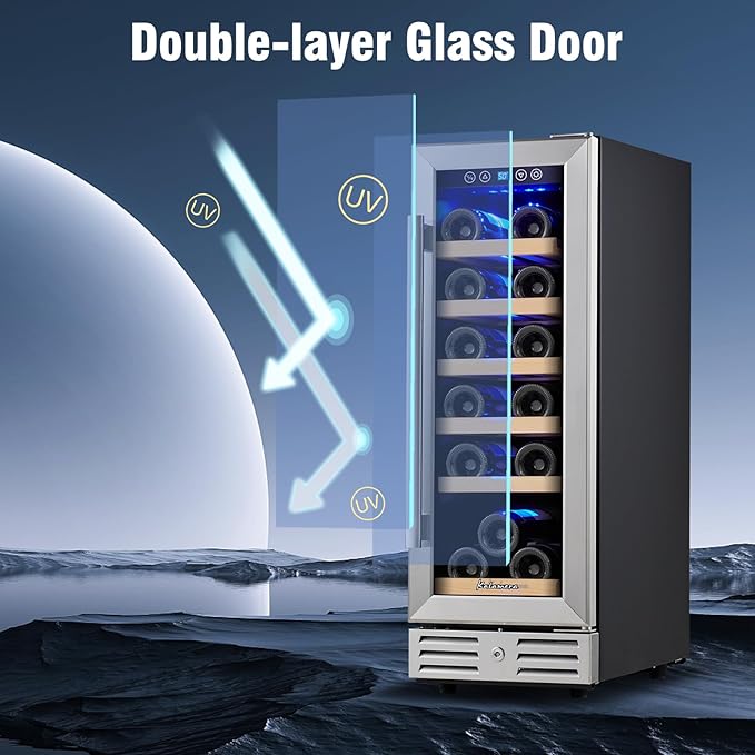 Kalamera Mini Fridge 18 Bottle - 12 inch Wine Cooler Refrigerator, Built-in or Freestanding, with Stainless Steel & Double-Layer Tempered Glass Door, and Temperature Memory Function Wine Fridge
