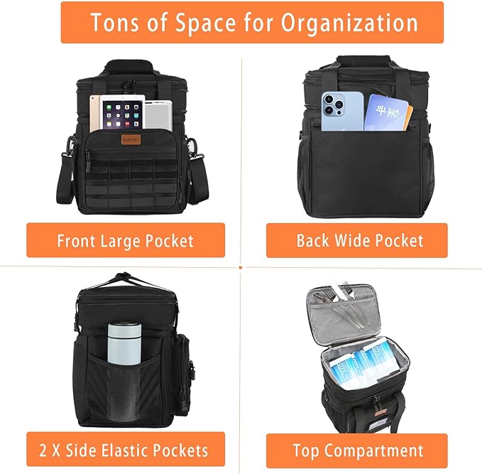 Tactical Insulated Lunch Bag Lunch Box - Expandable Large Cooler Bag for Men - Versatile Lunchbox for Adults Work Shifts Outdoor Trips Black 16L