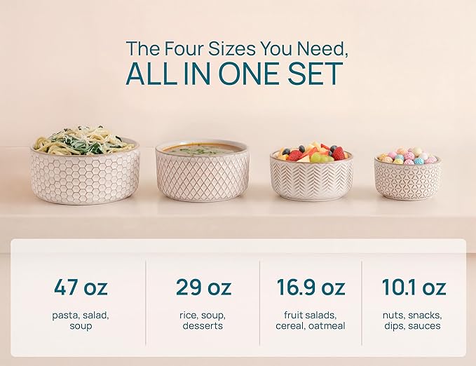 KooK Serving Bowls, with Lids, Ceramic Nesting Bowls, Set of 4, Embossed, Kitchen, Prep, Stackable, Gift, Microwave and Dishwasher Safe, 10/16/29/47 oz, Narbonne Collection (Ivory)