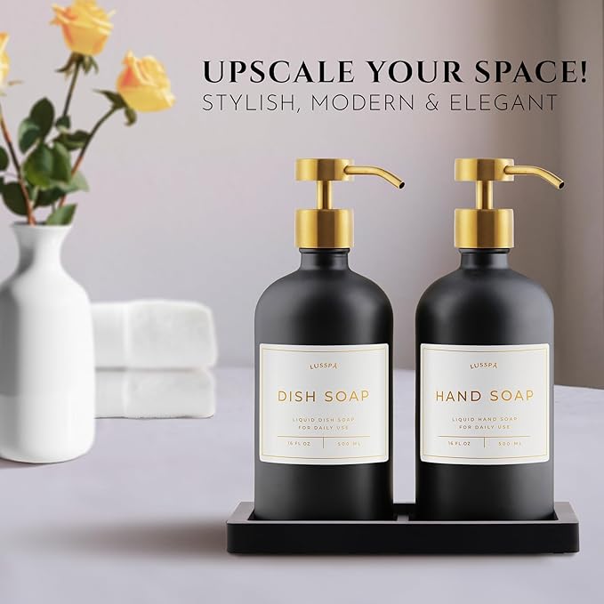 Glass Soap Dispenser Set of 2 (Black) with Silicone Tray | Hand and Dish Soap Dispenser for Kitchen and Bathroom | 16.8 Oz Glass Bottles with Stainless Steel Pump & 15 Waterproof Labels (Black/Gold)