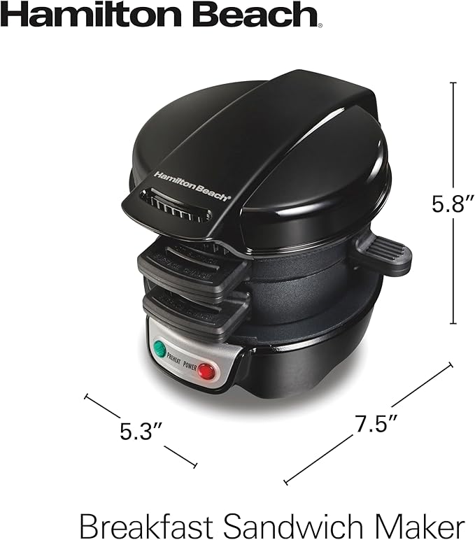 Hamilton Beach Breakfast Sandwich Maker with Egg Cooker Ring,Customize Ingredients,Perfect for English Muffins,Croissants,Mini Waffles,Perfect White Elephant Gifts,Black (25477),(Pack of 4)