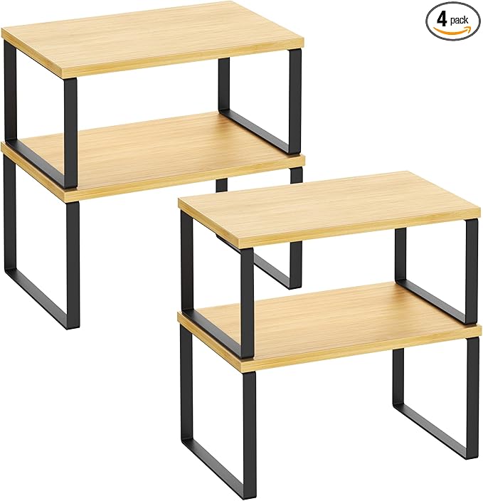 Kitchen Cabinet Organizer Shelf Set of 4, Sturdy Kitchen Counter Shelves with Metal Legs, Stackable Expandable Wood Spice Rack Pantry Cupboard Dish Mug Cup Storage Organizer Shelf,Black+Bamboo