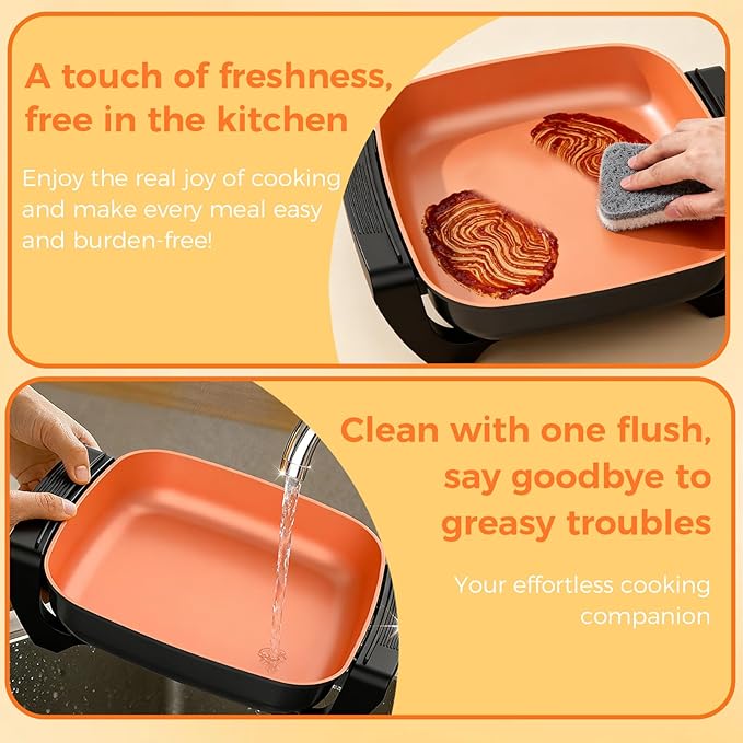 OSTBA 12"x12" Electric Skillet with Glass Lid, 5.2QT Large Nonstick Frying Pan for Family Meals, 1500W Fast Heating, 5-Level Adjustable Temperature Control, PFOA Free, Easy to Clean