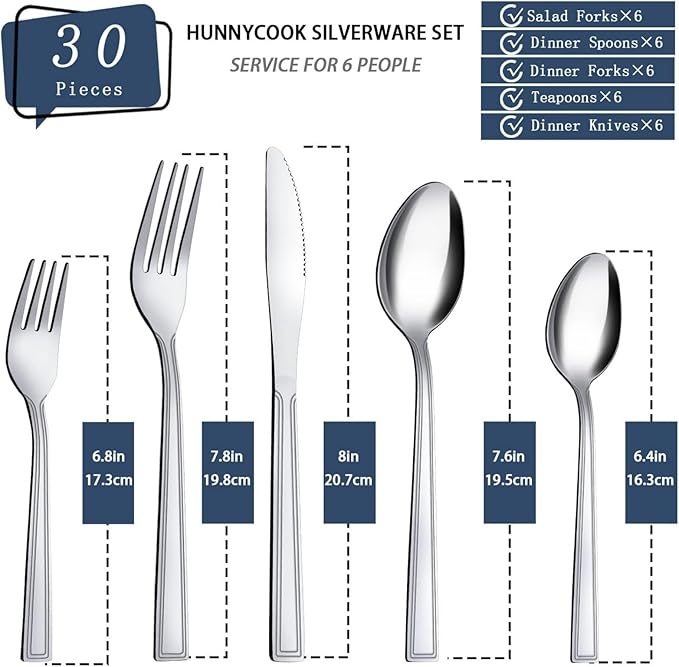 Hunnycook 30-Piece Silverware Set - Flatware Stainless Steel Silverware Set for 6, Include Spoons and Forks Set, Mirror Polished, Dishwasher Safe, Cutlery Set for Home Kitchen Restaurant Hotel