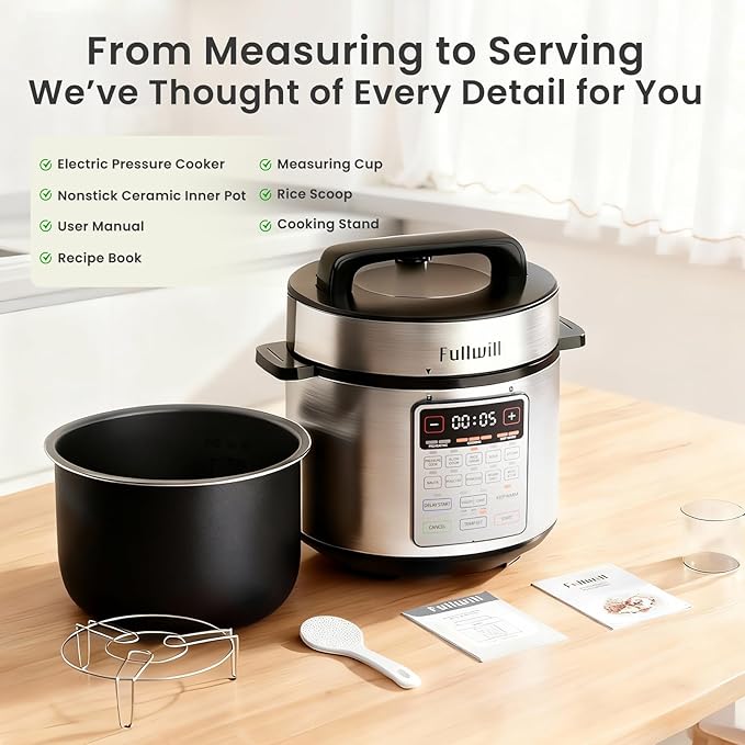 Fullwill 8QT Electric Pressure Cooker Max, 1200W Fast Cooking, 12-in-1 Multi-Use Programmable with Ceramic Non Stick Pot for Sauté, Slow Cook, Steam, Yogurt, Ideal for Family Meals & Gatherings
