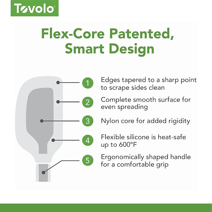 Tovolo Flex Core 5 Piece Silicone Spatula Set Heat Resistant All Silicone Utensils Include Non Stick Spatula Spoonula Jar Scraper, Dishwasher Safe BPA Free Spatulas for Baking Mixing, Oyster Gray