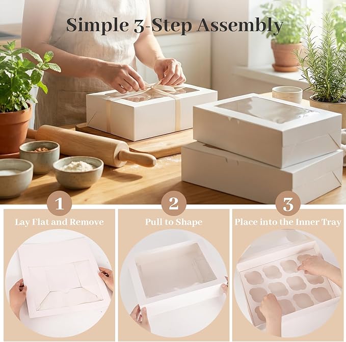 VGOODALL 12 Count Cupcake Boxes, 12PCS Cupcake Holder with Window White Pastry Boxes for Birthday Holiday Party Bakery Supplies