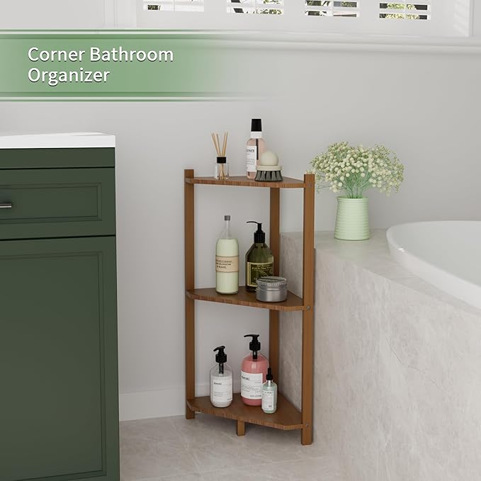 Wisuce Corner Shelf, 100% Real Bamboo Shower Corner Shelves Free Standing Shelf Storage Organizer for Bathroom Living Room Kitchen (Brown, 3 Tier)