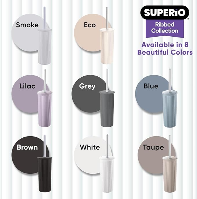 Superio Ribbed Collection - Decorative Plastic Toilet Bowl Brush and Holder Set, White (1 Pack) Cleaner Scrubber for Bathroom