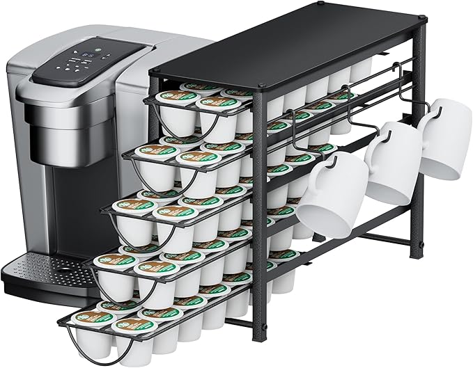HFHOME Coffee Pod Holder For Counter, Pod Holder for K-cups, 5-tier Metal Coffee Capsule Storage Drawer, 70 Capacity Pods Organizer for Cafe Counter, Home, Office or Kitchen,3 cup rack, Black