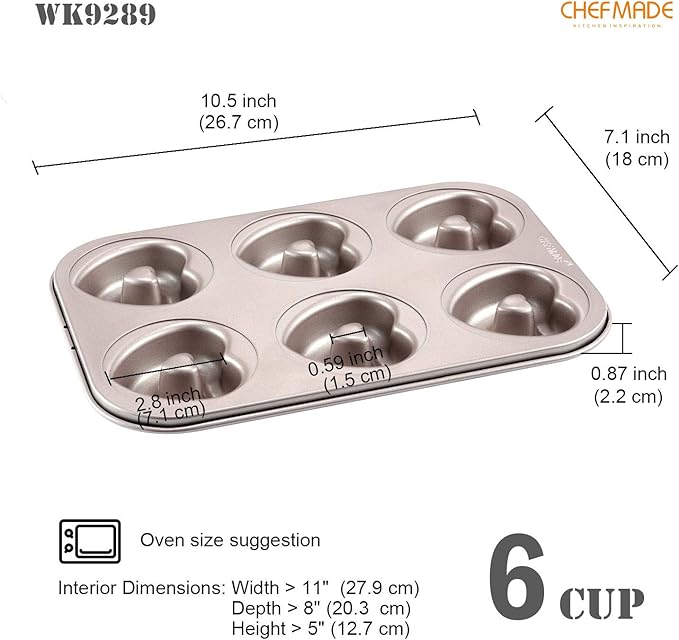 CHEFMADE Donut Mold Cake Pan, 6-Cavity Non-Stick Heart-Shaped Doughnut Bakeware for Oven Baking (Champagne Gold)