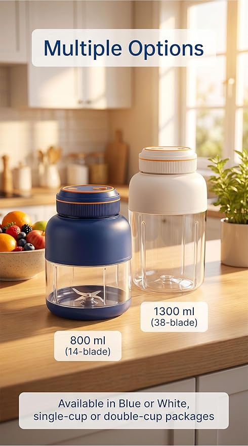 Portable Wireless Juicer Cup - 44 oz Cordless Blender with 38-Blade 18000 RPM High-Speed Motor, USB-C Rechargeable Personal Smoothie Maker for Gym, Travel, and Outdoors (Single Cup-White,44oz)