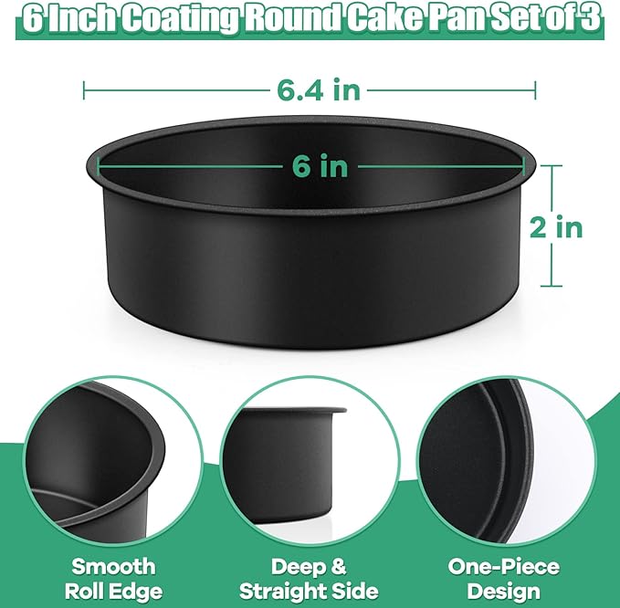 TeamFar 6 Inch Round Cake Pans, Round Baking Layer Cake Pan Set of 3, with Non-Stick Coating Stainless Steel Core for Birthday, Party, Wedding, Healthy & Heatproof, Release Easily & Easy Clean