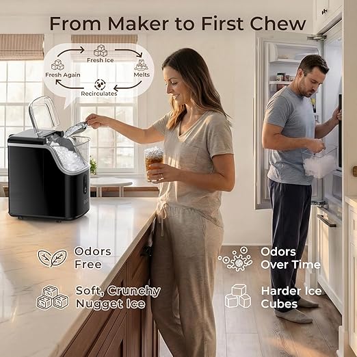 Nugget Ice Maker Countertop: 33lb/Day, Self-Cleaning, Black Stainless Steel, Portable, Soft Chewable Pebble Ice Machine for Home Kitchen, RV & Office