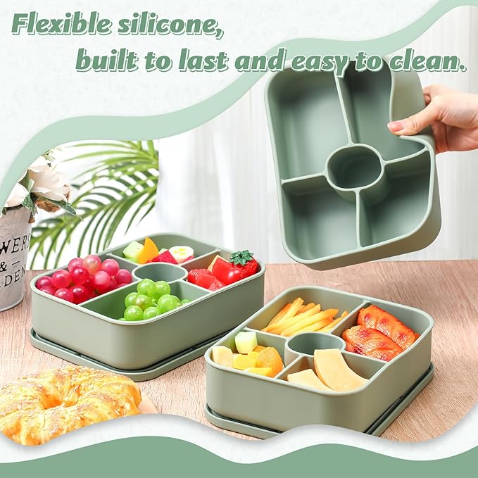 Jingmore 4 Pack Silicone Bento Boxes for Adults, 5 Compartment Reusable Lunch Containers with Sauce Section, Leakproof Meal Prep Snack Box Microwave & Dishwasher Safe for Office(Green)