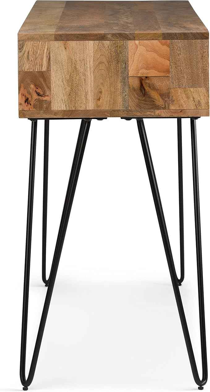 SIMPLIHOME Hunter Console Table - 55 Inch Wide Solid Mango Wood and Metal Sofa Table in Natural, Industrial Storage Table for Entryway or Living Room with 2 Open Cubbies and Black Hairpin Legs