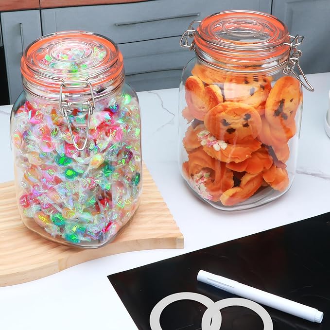 50oz Glass Jars with Clamp Lids,Set of 4,1500ml Square Wide Mouth Mason Jars with Airtight Lids,Large Glass Storage Container with Clip Lid for Kitchen,Flour,Pasta,Beans