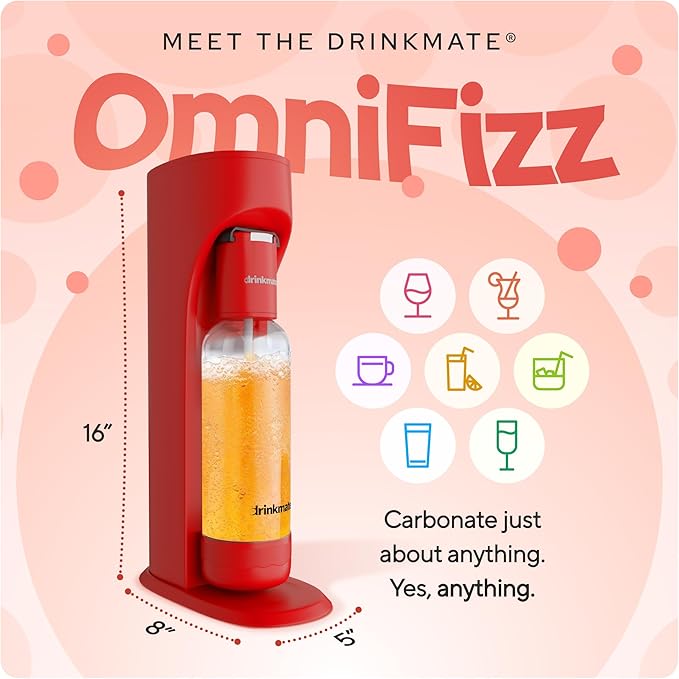 Drinkmate OmniFizz Sparkling Water Maker & Soda Streaming Machine | Carbonates Any Drink | STARTER KIT | Includes One 60L CO2 Cartridge + One BPA-Free Bottle (Royal Red)