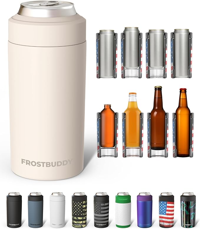 Frost Buddy Universal Can Cooler - Fits all - Stainless Steel Can Cooler for 12 oz & 16 oz Regular or Slim Cans & Bottles - Stainless Steel (Buttercream)