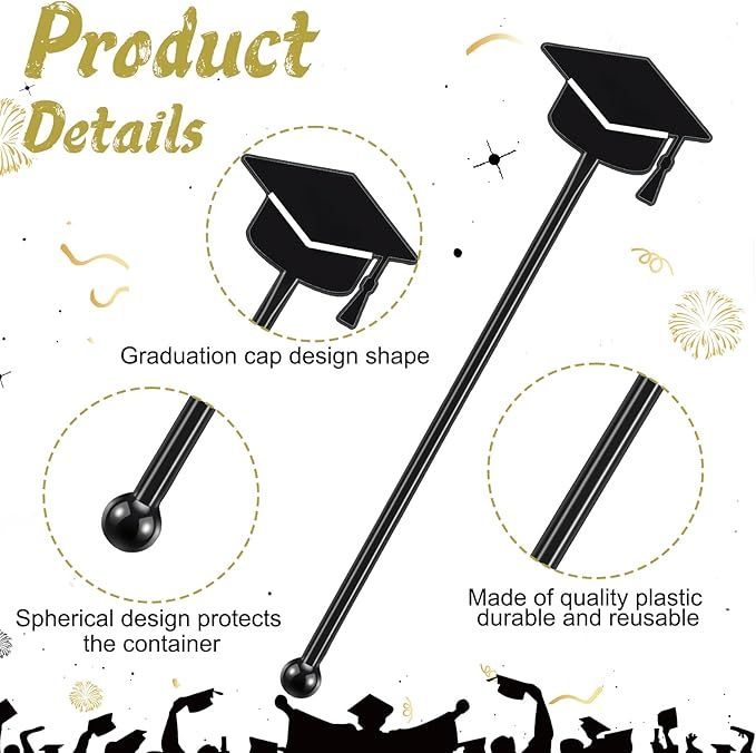 SiliFine 60 Pcs Graduation Cap Drink Stirrers Graduation Stir Sticks Coffee Stirrers Cocktail Mixers Plastic Swizzle Sticks Hot Cocoa Bar Supplies for Party Bar Coffee Tea Favors (Black)